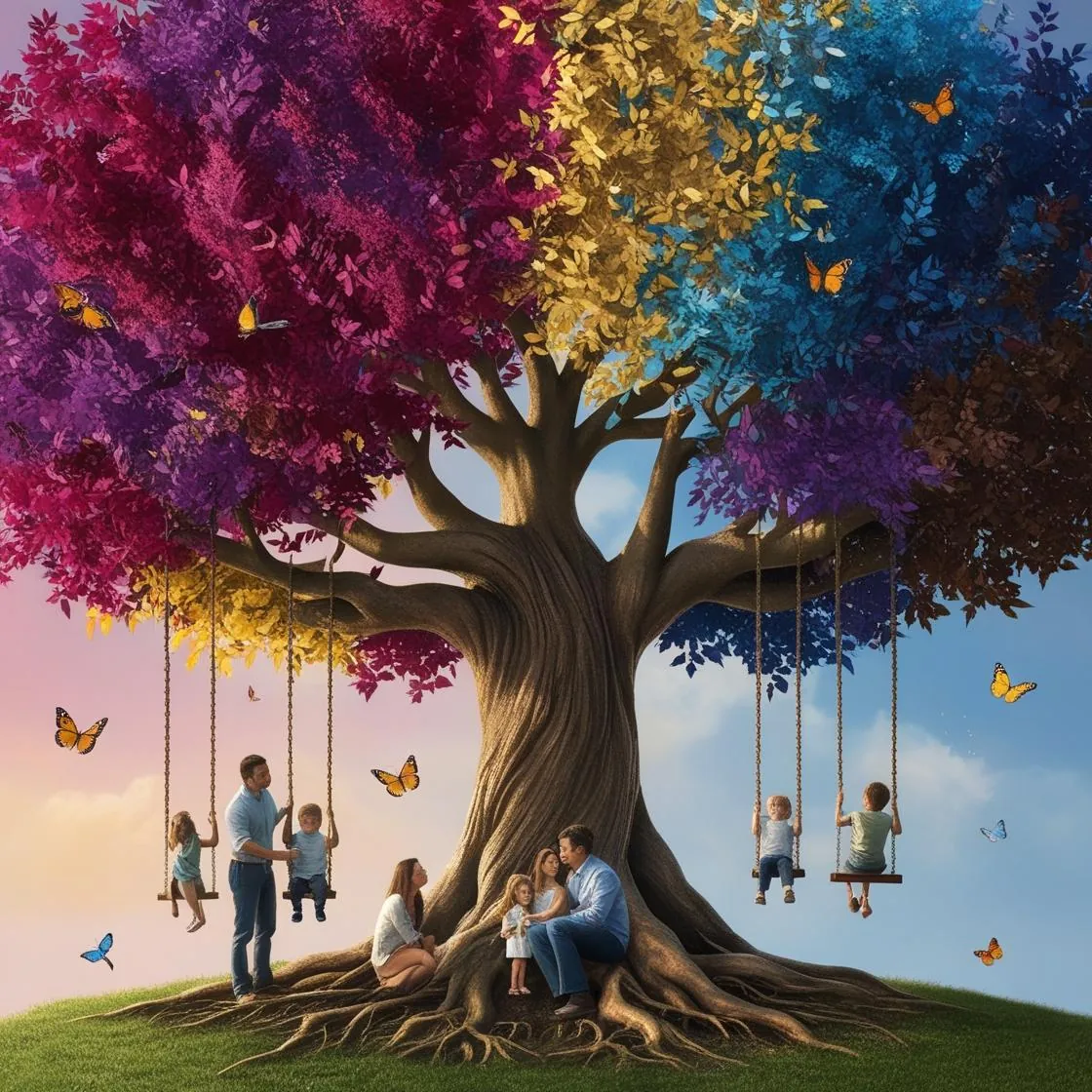 Illustrazione: un grande albero colorato con famiglie e altalene